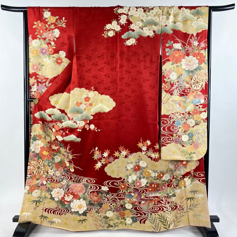 振袖 身丈164cm 裄丈66.5cm M 袷 花車 鴛鴦 金彩 ぼかし 赤 正絹