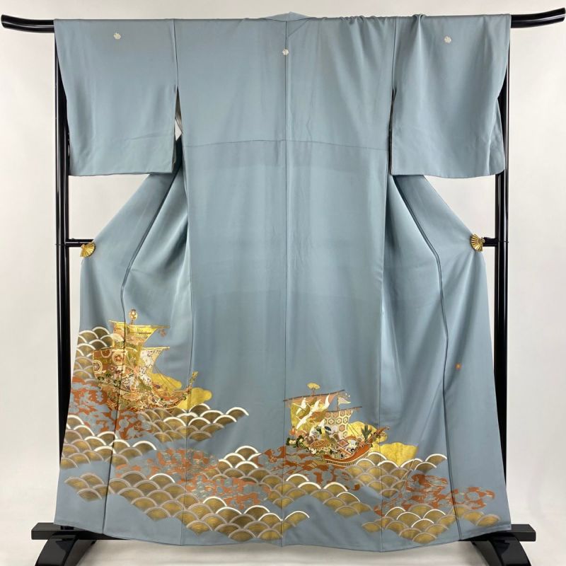 色留袖 身丈160cm 裄丈69cm L 袷 落款あり 宝船 波 金糸 金彩 青
