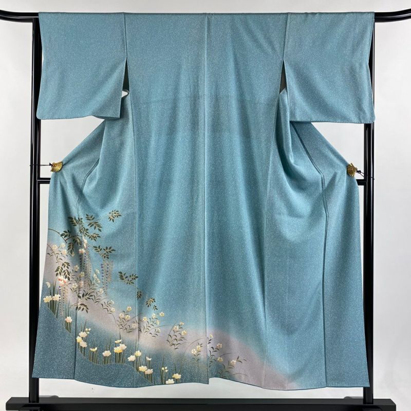 付下げ 身丈150cm 裄丈65.5cm M 袷 藤 草花 金彩 ぼかし 水色