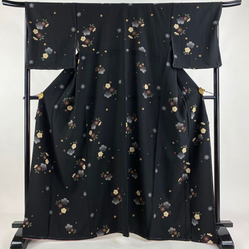 未使用品 小紋 ダークブラウン 花文 身丈154.0cm 裄丈67.0cm 正絹