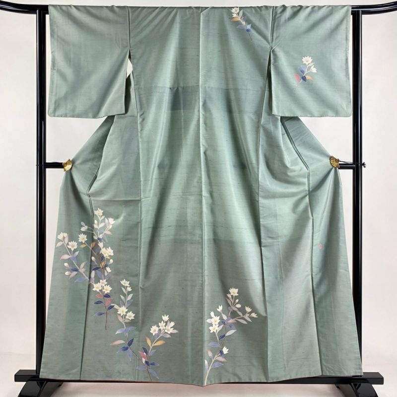 付下げ 身丈159.5cm 裄丈63cm S 袷 紬地 落款あり 枝花 薄緑