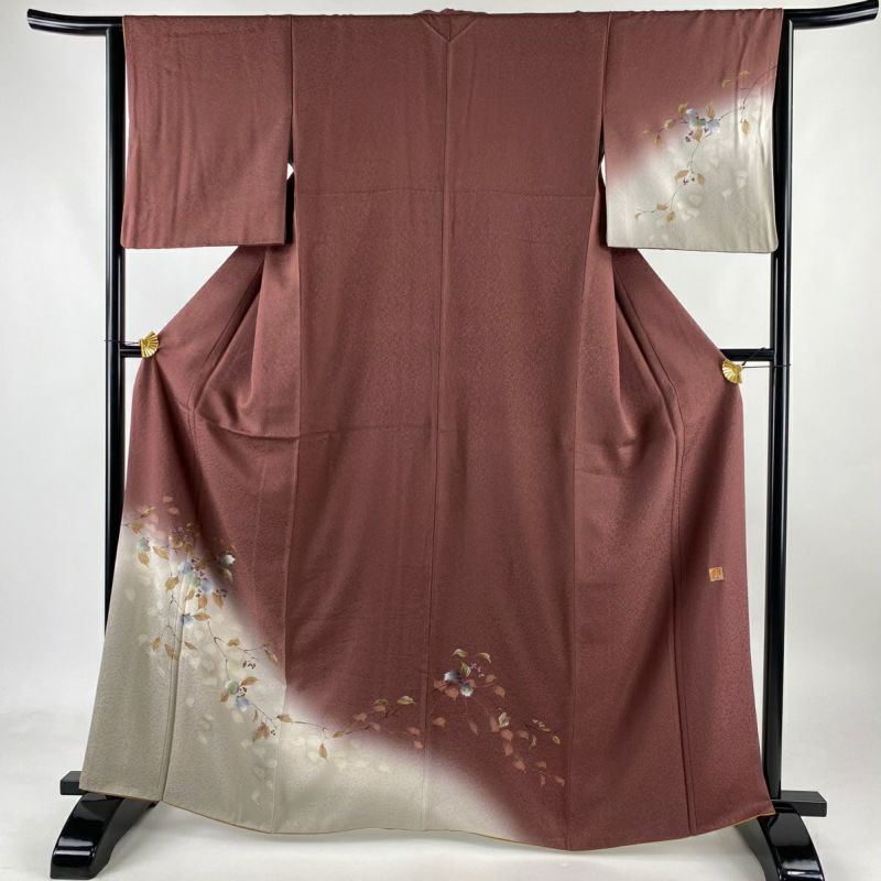 裄長】訪問着 袷 しだれ桜に扇 観世水文織出し 絞り 金彩 刺繍
