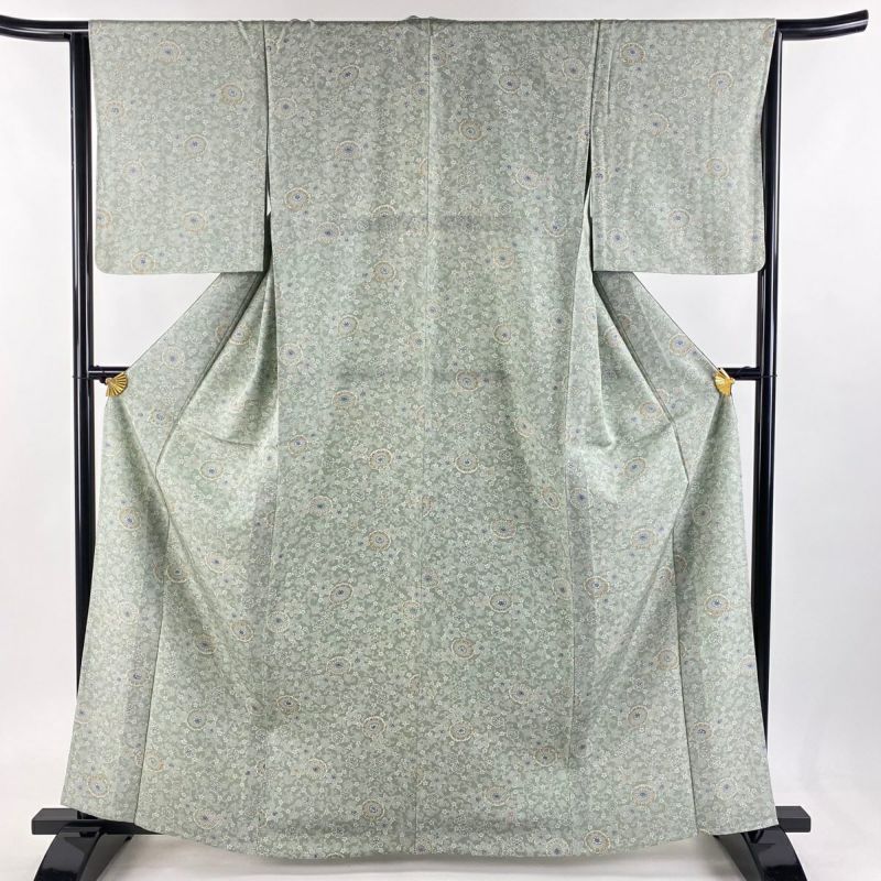 小紋 身丈163cm 裄丈64.5cm M 単衣 華唐草 薄緑 正絹 美品 秀品