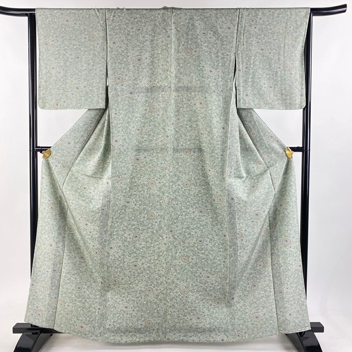 小紋 身丈163cm 裄丈64.5cm M 単衣 華唐草 薄緑 正絹 美品 秀品