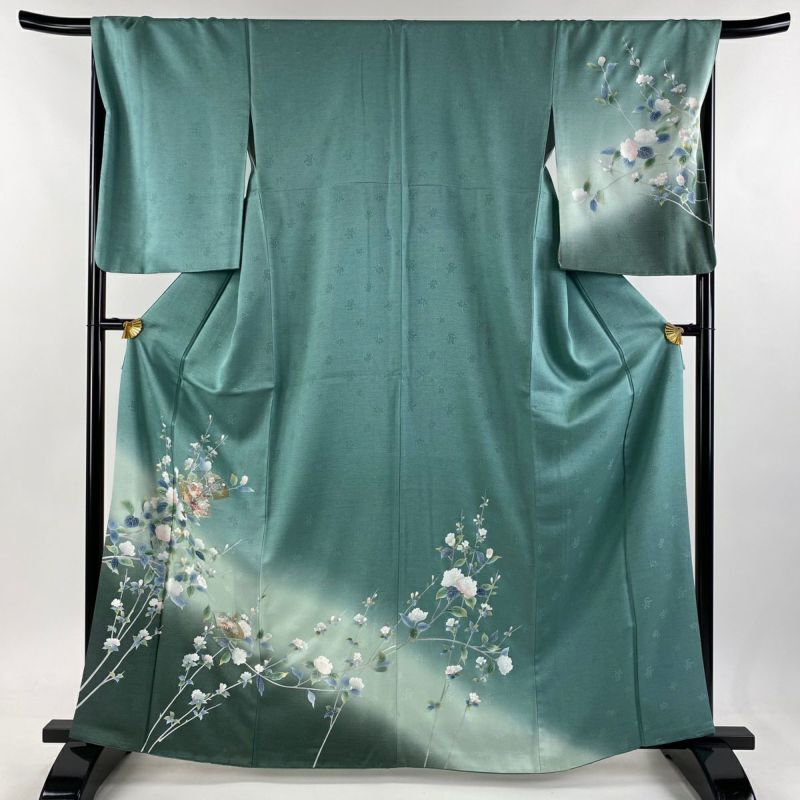 訪問着 身丈165.5cm 裄丈67.5cm L 袷 扇 枝花 刺繍 金銀彩 薄緑