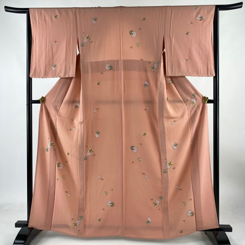 小紋 身丈163.5cm 裄丈64cm M 単衣 破れ色紙 草花 金彩 縮緬
