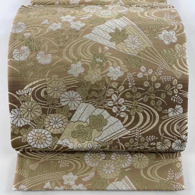 袋帯 美品 秀品 扇 秋草 唐織 薄茶色 六通 正絹｜中古・古着