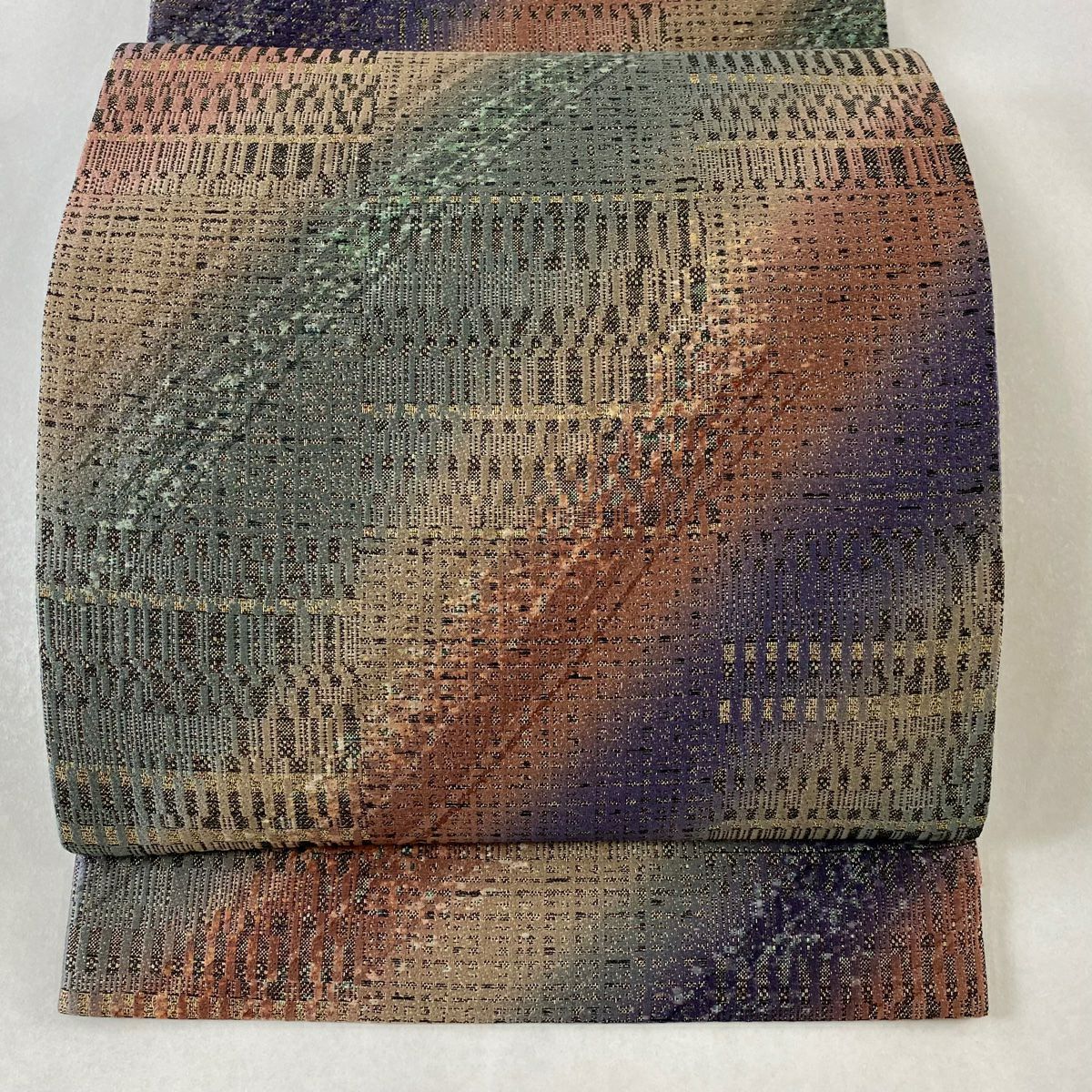 正絹　袋帯　ひなや　タグ付　美品　金糸 袋帯 秀品 段縞 丁子 箔 金糸 茶緑色 全通 正絹｜中古・古着