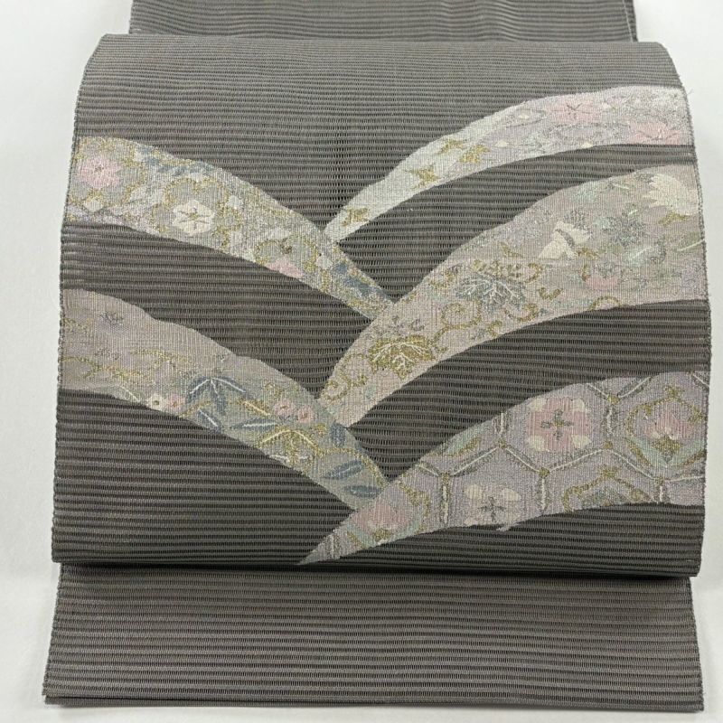 【セール】 絽 夏帯 優品 名古屋帯 芝 正絹｜中古 鼠色 金銀糸 亀甲華文 着物・浴衣