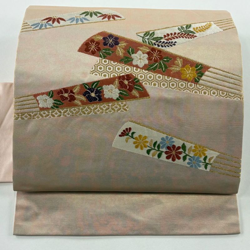 高級 正絹 洒落帯 名古屋帯 アンティーク 草花文 花柄 金糸 197