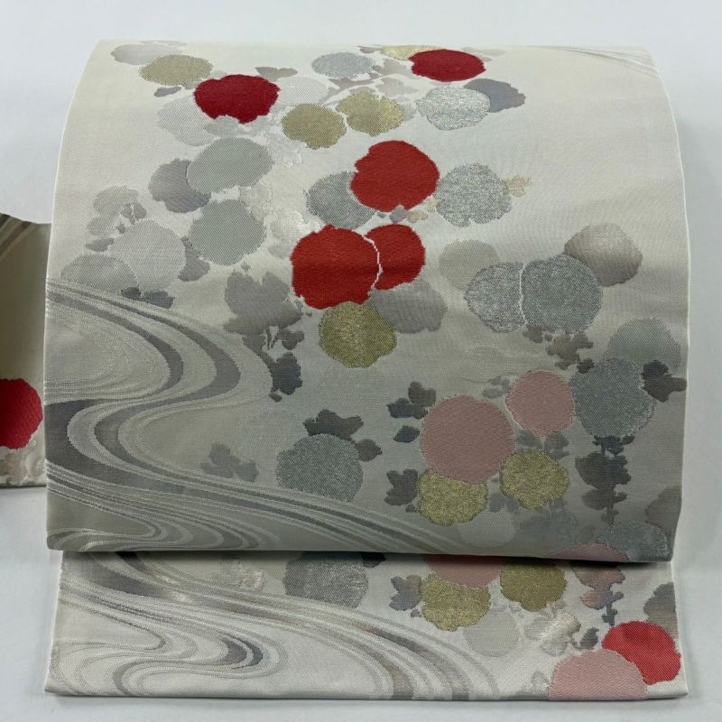 名古屋帯 美品 優品 万寿菊 流水 箔 クリーム 正絹｜中古・古着