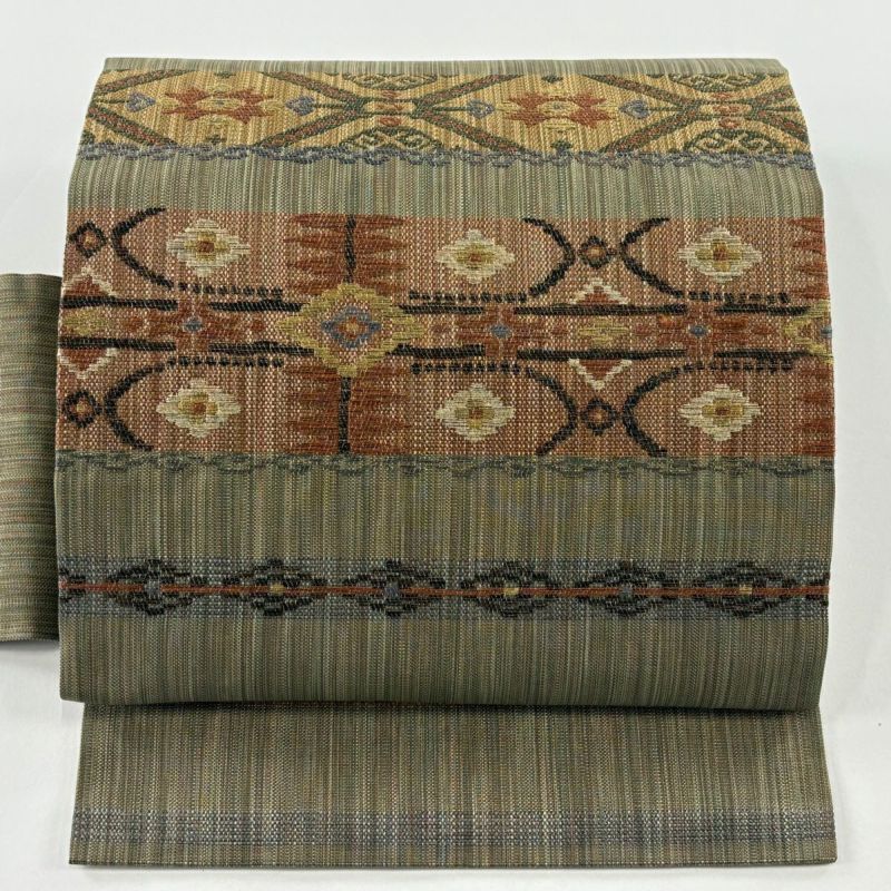 名古屋帯 美品 優品 横段 花 金糸 茶緑色 正絹｜中古・古着