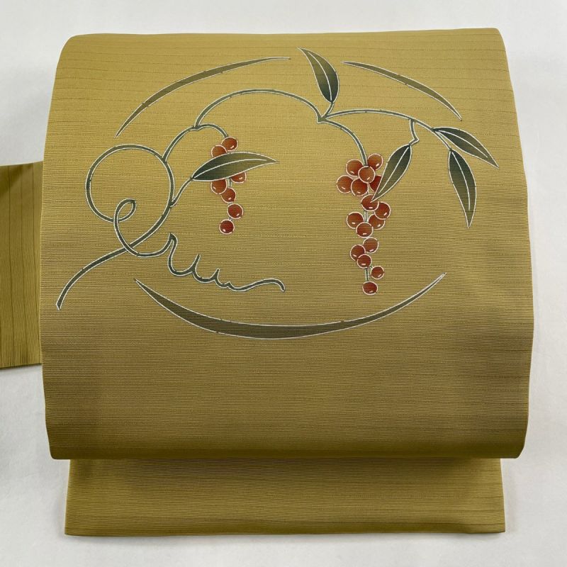 数量限定セール  名古屋帯 美品 正絹｜中古・古着 からし色 葉と実 絽 夏帯 優品 着物・浴衣