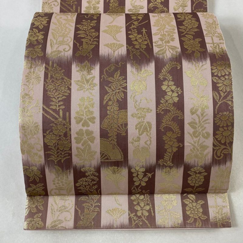 袋帯 美品 逸品 落款あり 山口弘躬謹製 かづら帯市松文 草花 箔
