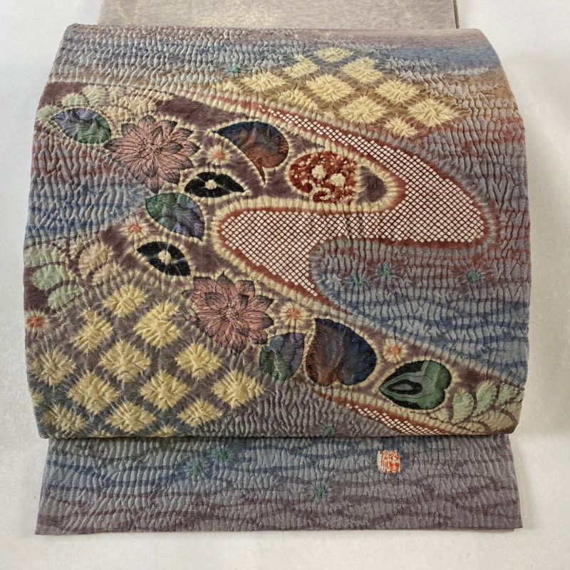 開き名古屋帯 美品 逸品 落款あり 水野保 辻が花 金糸 薄小豆