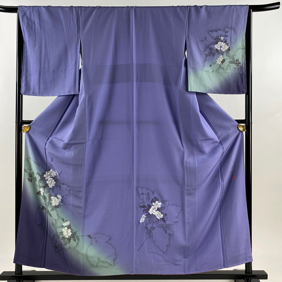 袋帯 名品 丹下雄介 落款あり 草花 シルエット 金彩 ぼかし 青紫