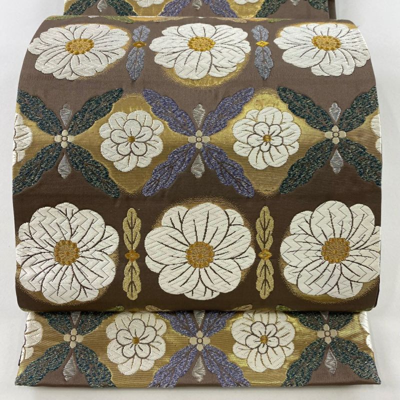 袋帯 秀品 八重桜 花 唐織 金銀糸 茶色 六通 正絹｜中古・古着
