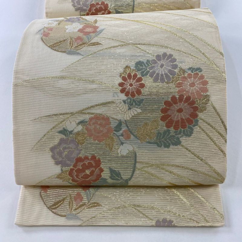 袋帯 美品 秀品 夏帯 絽 花丸文 芝 箔 クリーム 六通 正絹｜中古