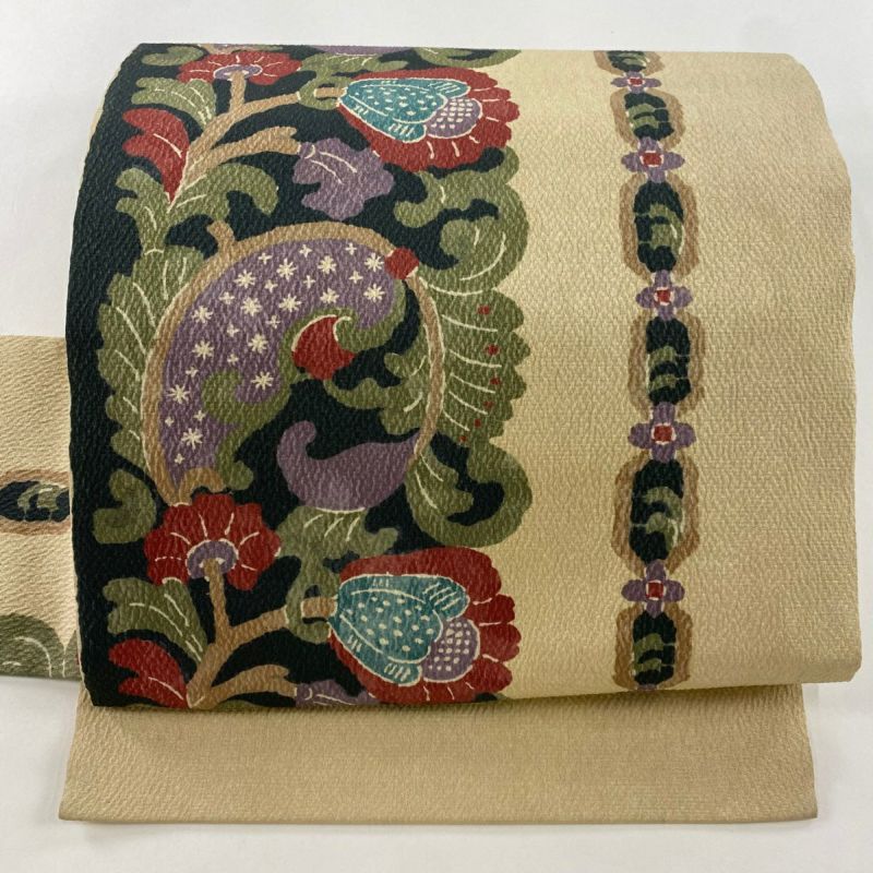 名古屋帯 秀品 花唐草 花 ベージュ 正絹｜中古・古着