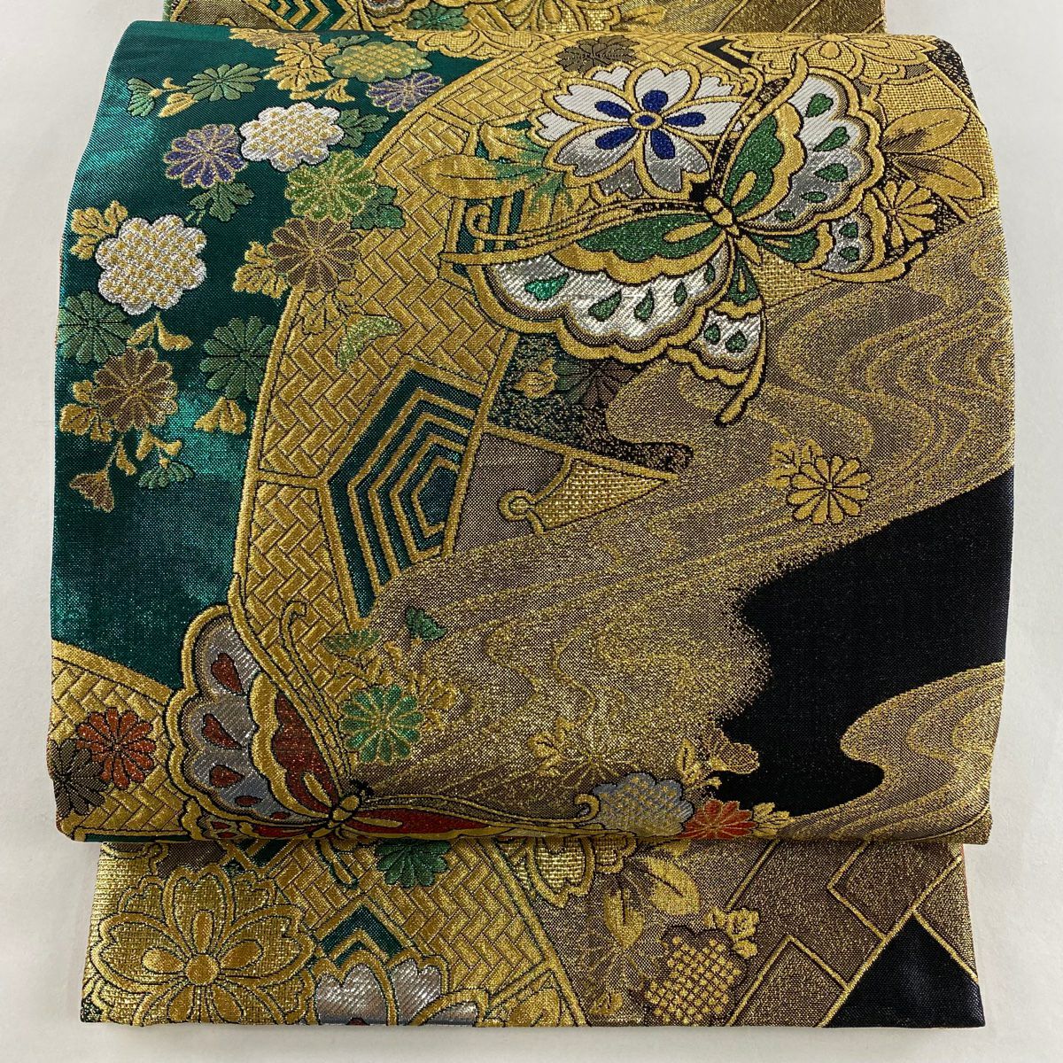 50%OFF 【美品】 袋帯 秀品 蝶 草花 金糸 箔 緑 六通 正絹 K50｜中古