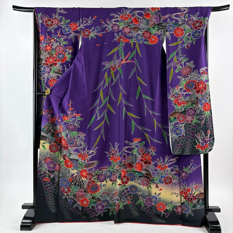 振袖 身丈167cm 裄丈67cm M 袷 草花 家屋 染め分け ぼかし 紫 正絹