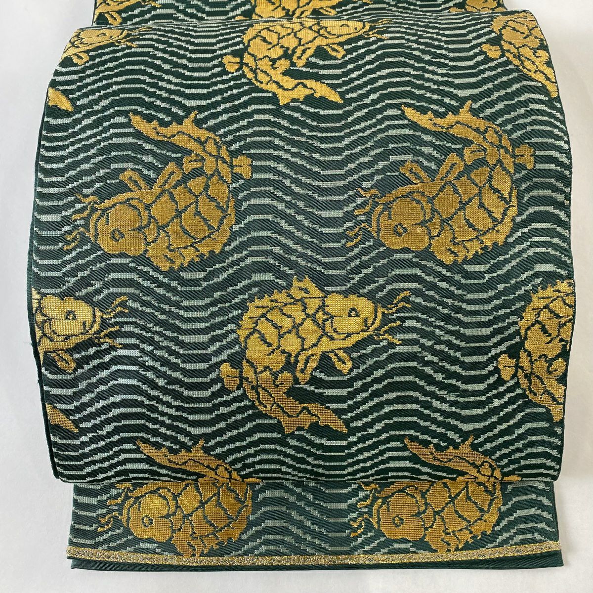 袋帯 逸品 龍村平蔵 落款あり 名物荒磯錦 金銀糸 箔 緑 六通