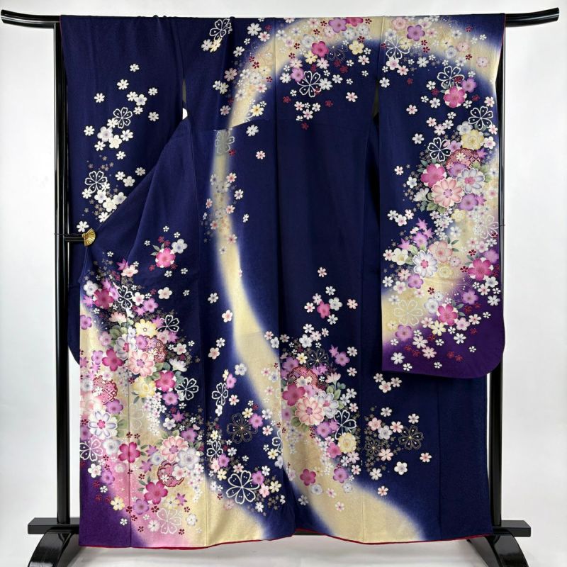 振袖 身丈159.5cm 裄丈67.5cm L 袷 草花 雪輪 金彩 ぼかし 紺色 正絹