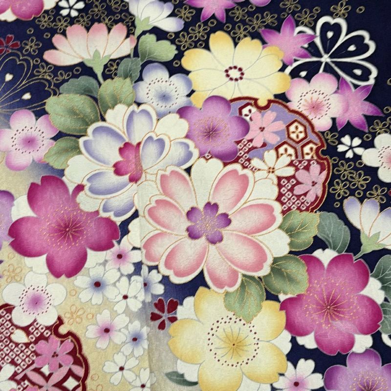 振袖 身丈159.5cm 裄丈67.5cm L 袷 草花 雪輪 金彩 ぼかし 紺色 正絹