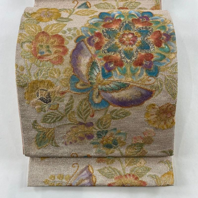袋帯 美品 秀品 扇 桜 刺繍 箔 金色 六通 正絹 中古（袋帯 美品