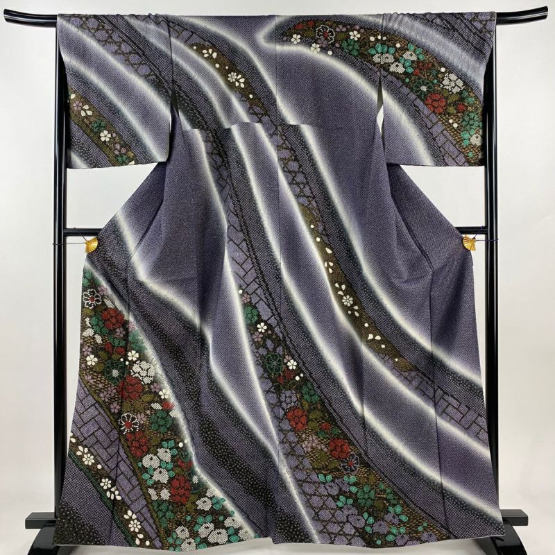 訪問着 身丈163cm 裄丈68cm L 袷 草花 桧垣文 金通し 金彩 紫