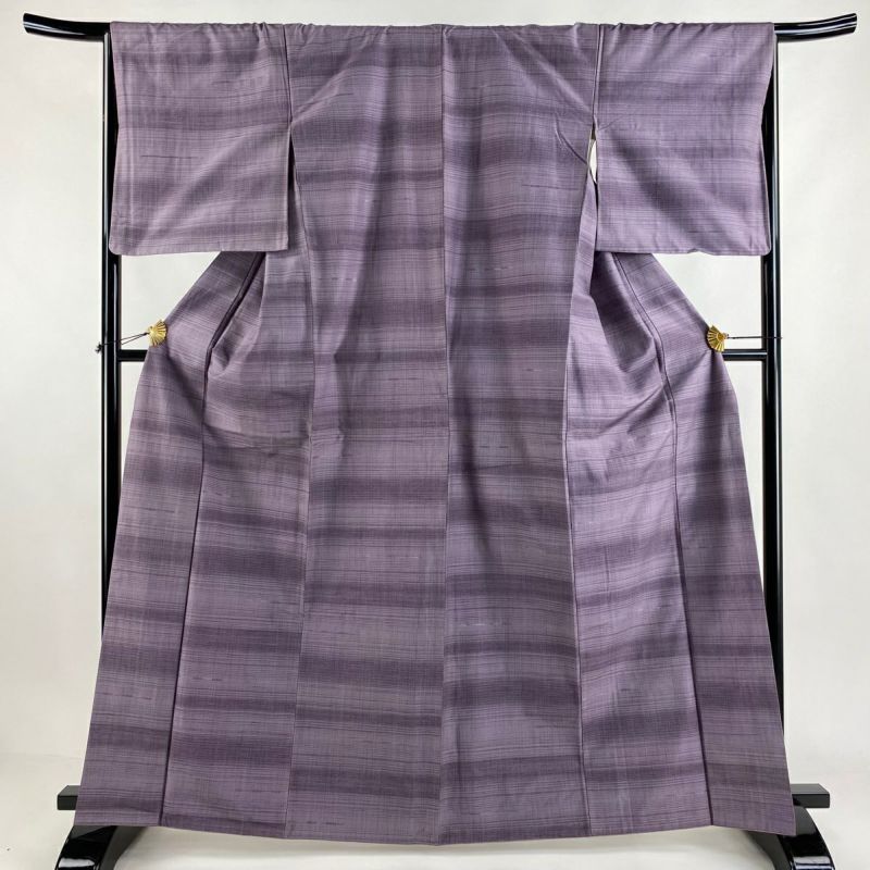 贅沢 身丈163.5cm 小紋 裄丈66.5cm 刺繍 段縞 証紙あり 紬地 袷 M 着物・浴衣