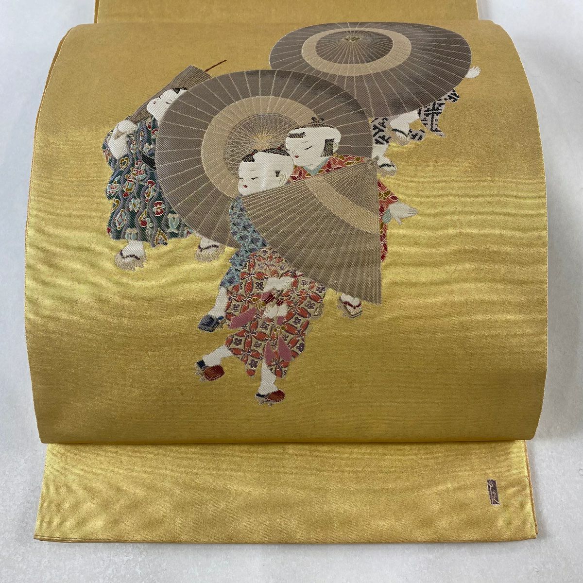 袋帯 落款あり 証紙あり 辻が花 金糸 箔 茶緑色 お太鼓柄 正絹 袋帯 美品 秀品 落款あり 小長谷喜八郎 辻が花柄 金銀糸 箔 青紫