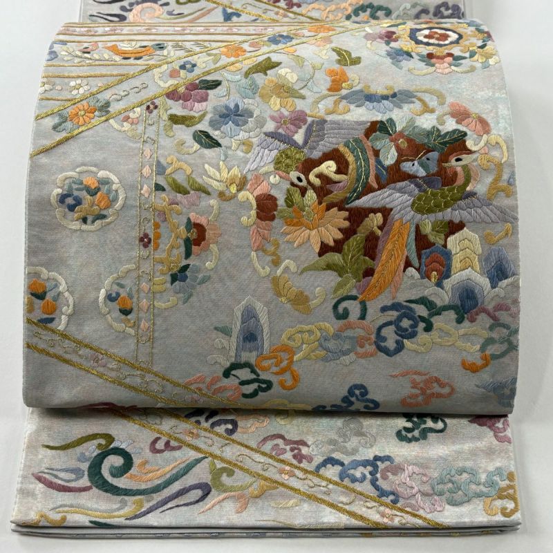 最新作売れ筋が満載 袋帯 正絹｜中古・古着 六通 青灰色 刺繍 金糸 花唐草 鳥 逸品 着物・浴衣