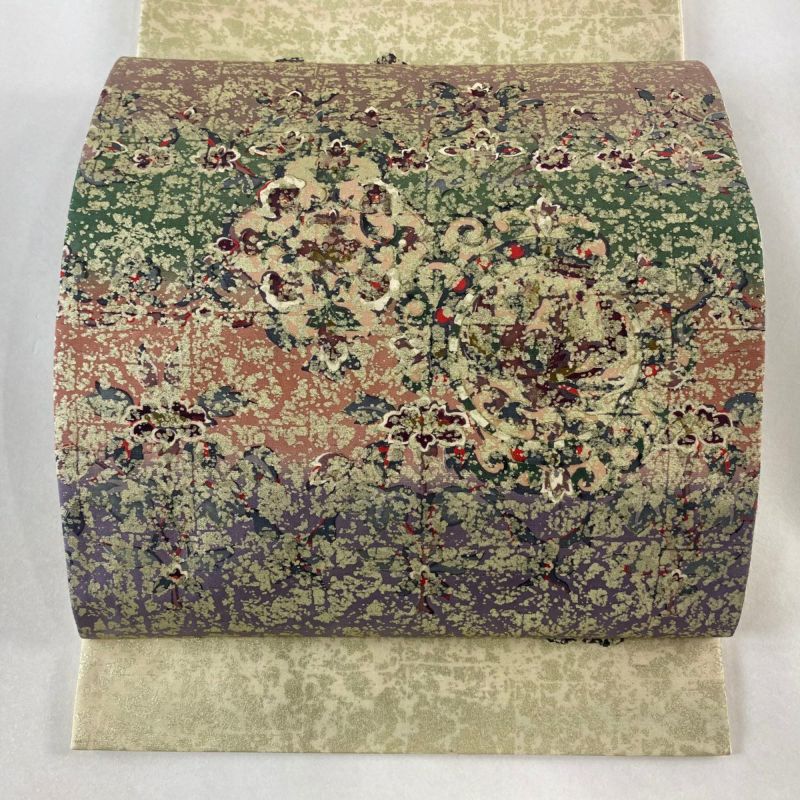 袋帯 逸品 落款あり 牛首紬地 草花 鳳凰 金彩 ベージュ お太鼓柄