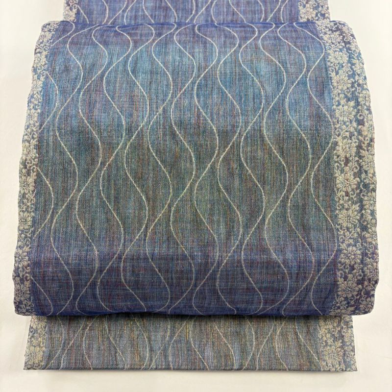 袋帯 美品 名品 よろけ縞 草花 金銀糸 青紫 全通 正絹｜中古