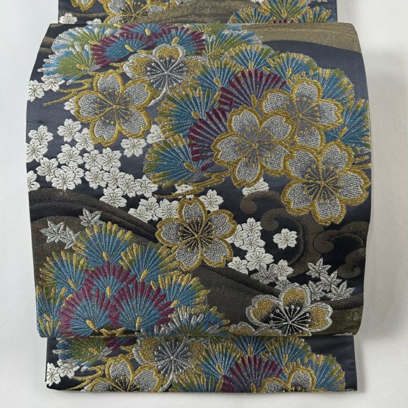 袋帯 美品 名品 花舞袖 若松 桜 金銀糸 唐織 灰紫 六通 正絹