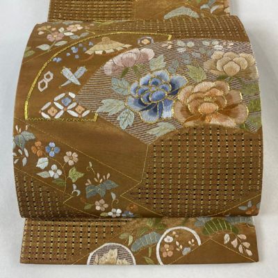 正絹 袋帯 西陣織 蔭山織物 焦げ茶系／中東華紋 skobi21【色無地