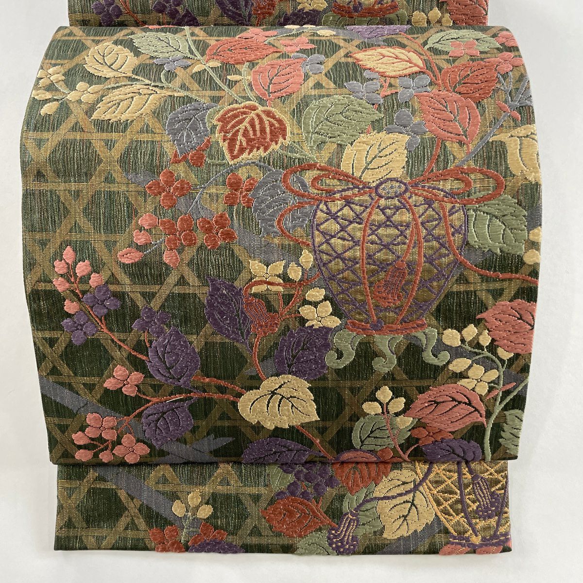 袋帯 秀品 お仕覆 草花 唐織 箔 茶緑色 六通 正絹|中古・古着 袋帯 秀品 お仕覆 草花 唐織 箔 茶緑色 六通 正絹|中古・古着