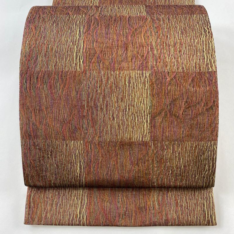 袋帯 美品 秀品 市松 金糸 赤茶 全通 正絹 ｜中古・古着
