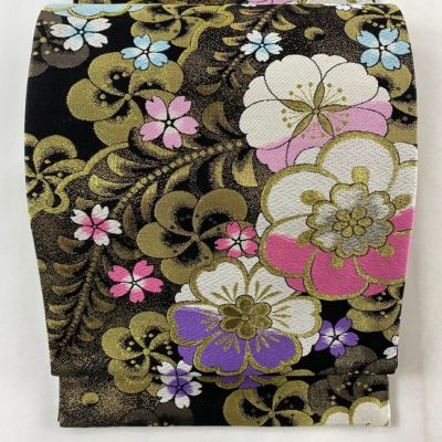 50%OFF 袋帯 美品 秀品 振袖向き 桜 ねじり梅 刺繍 金銀糸 黒 六