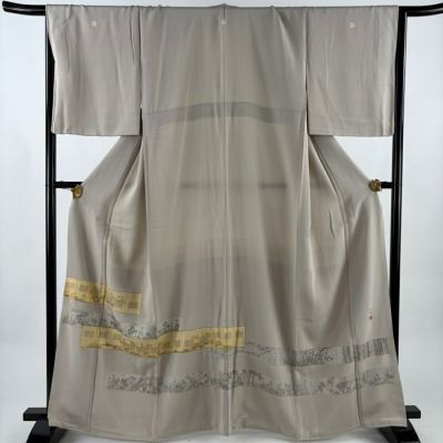 色留袖 身丈164cm 裄丈66cm M 袷 松尾光琳 落款あり 屏風 草花 金彩 灰