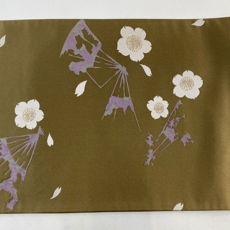 袋帯 美品 逸品 辻村ジュサブロー 落款あり 破れ扇 桜 金糸 灰茶 袋帯 美品 逸品 辻村ジュサブロー 落款あり 破れ扇 桜 金糸 灰茶