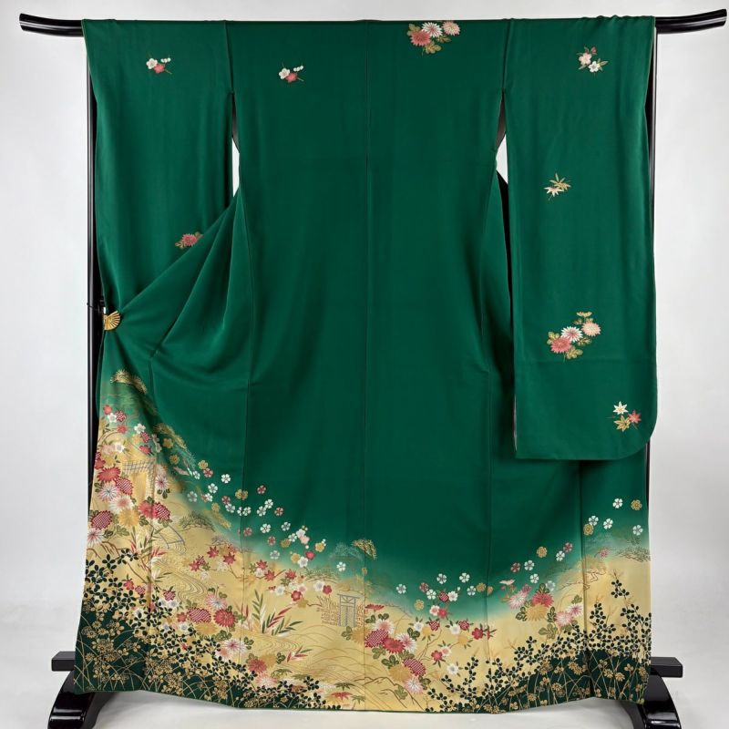 振袖 身丈168cm 裄丈66cm M 袷 御所車 草花 金彩 染め分け 緑