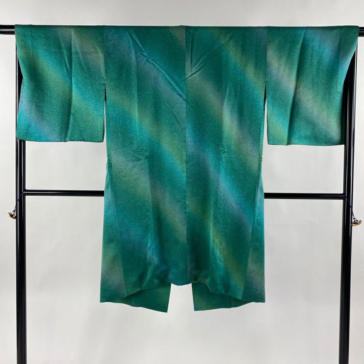 道中着 身丈105cm 裄丈67.5cm L 和装コート 着物衿 更紗 青緑 正絹 美  