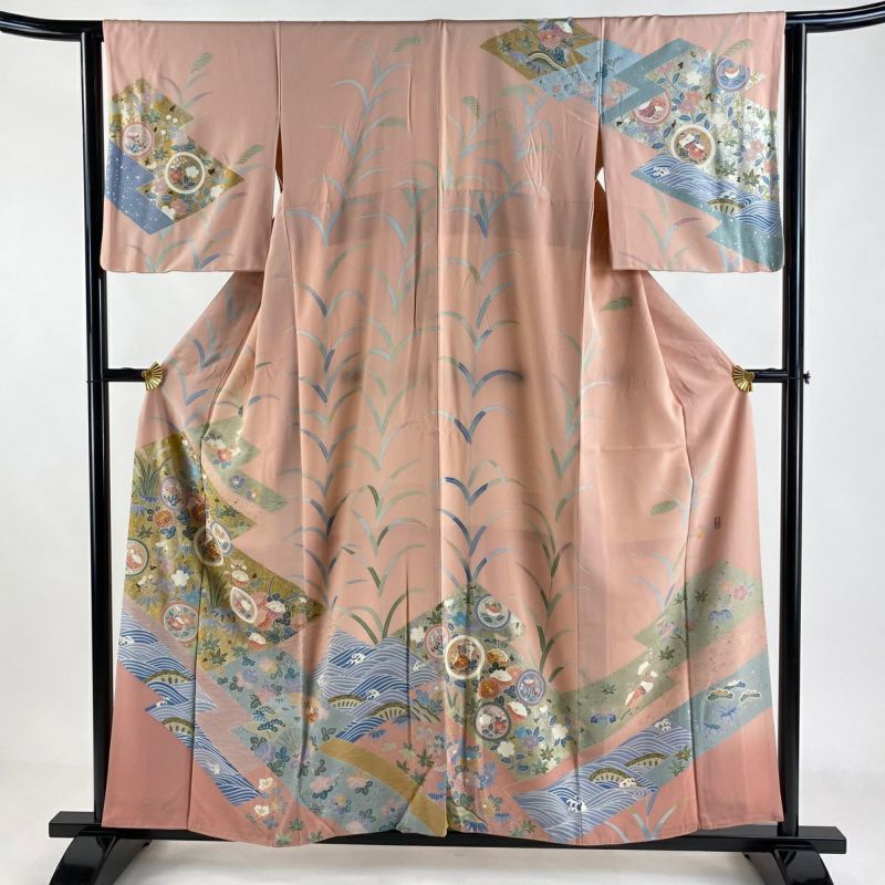 訪問着 シャンパンゴールド 花文 花籠 上品 刺繍 綸子 身丈158.5