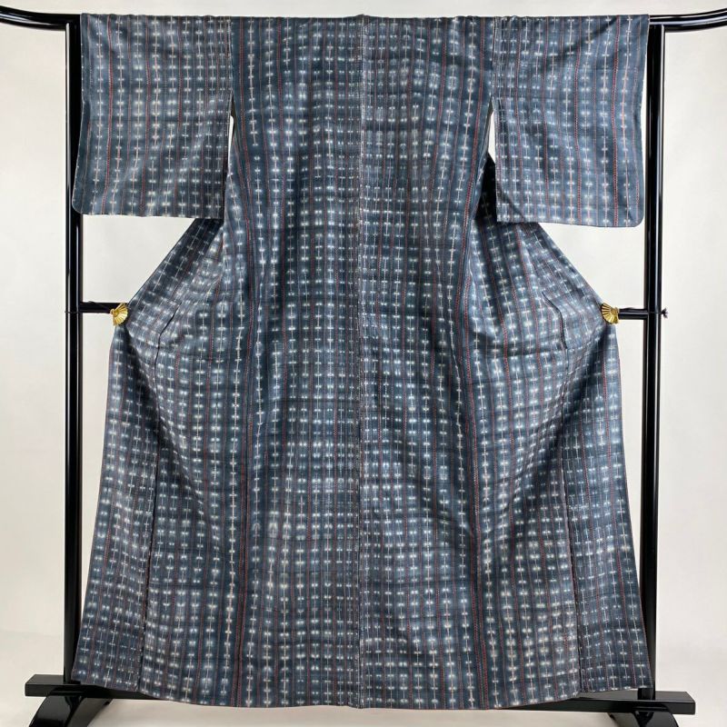 小紋 身丈159.5cm 裄丈63.5cm S 袷 紬地 縞 幾何学模様 絞り 青