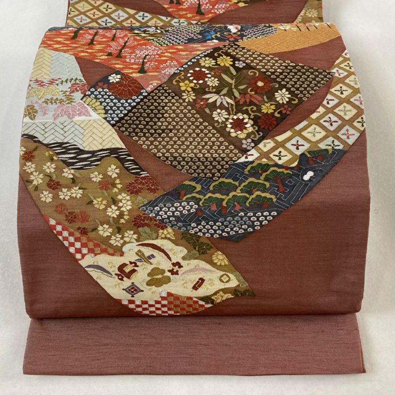袋帯 美品 逸品 草花 鳥 赤茶 お太鼓柄 正絹｜中古・古着