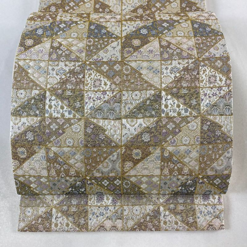 袋帯 美品 逸品 落款あり 祥園 草花 金糸 刺繍 灰白 六通 正絹