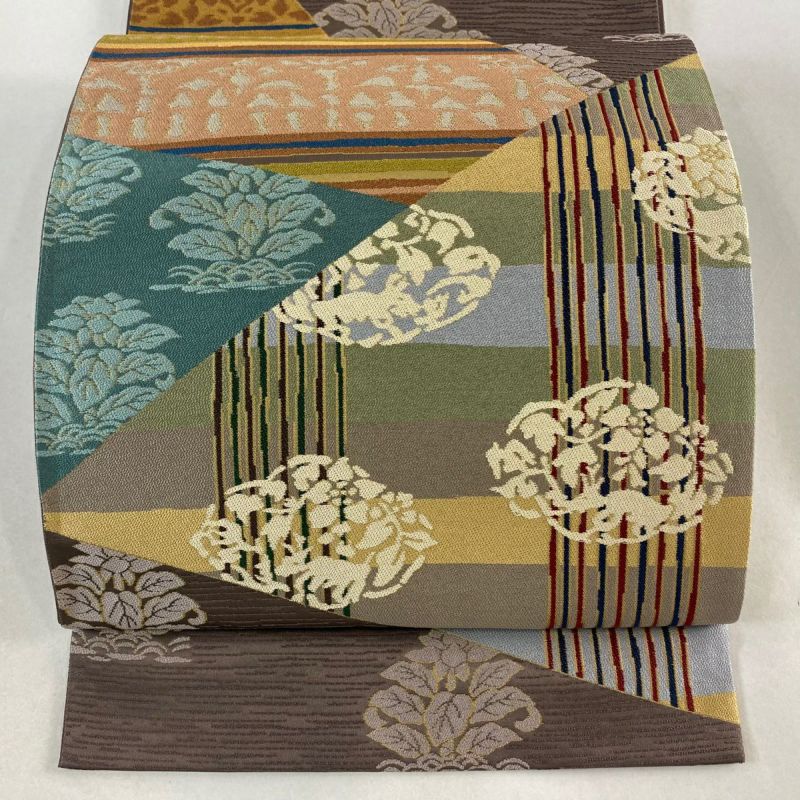 袋帯 美品 逸品 白綾苑大庭 落款あり 草花 縞 箔 灰紫 六通 正絹