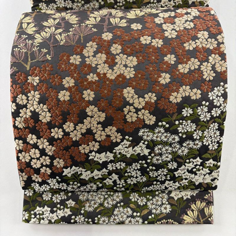 袋帯 名品 草花 枝花 刺繍 箔 墨色 六通 正絹｜中古・古着
